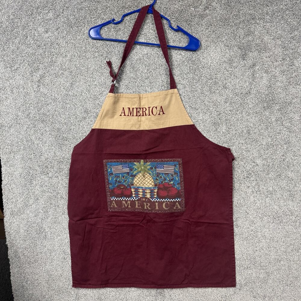 Vtg Y2K Bib Apron One Size Red Tan Americana Country Farmhouse Kitchen Folk Art
